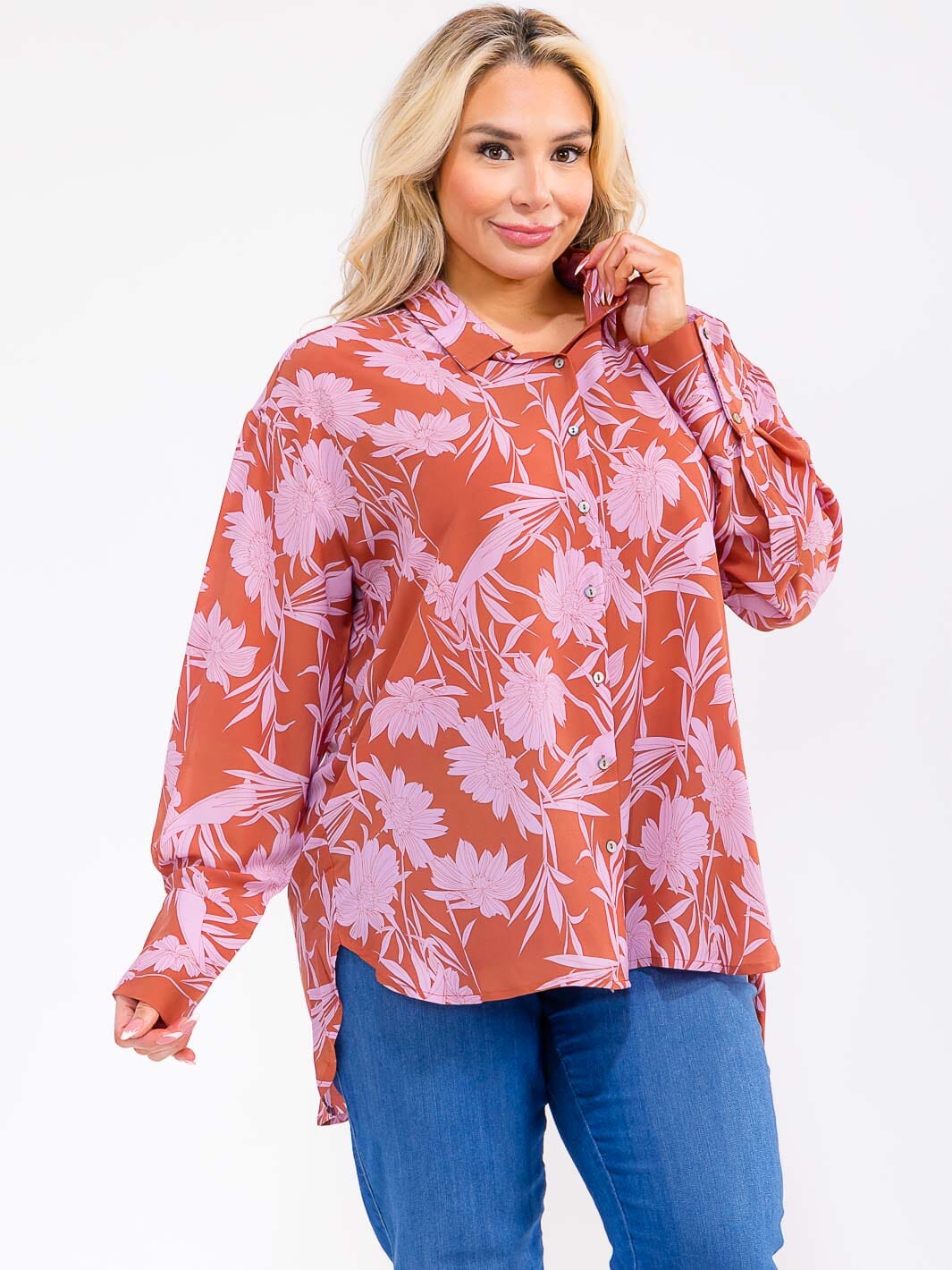 PLUS SIZE LONG SLEEVE BUTTON UP HIGH LOW LEAF PRINT TOP