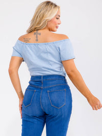 PLUS SIZE OFF SHOULDER SHORT SLEEVE BUTTON UP CHAMBRAY BODYSUIT