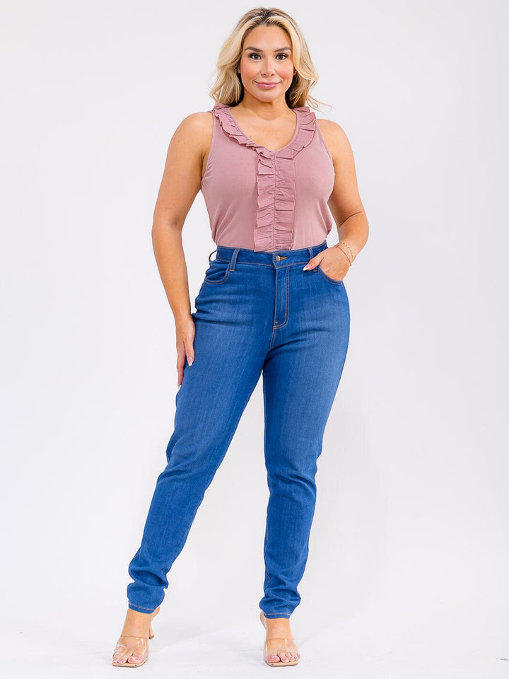 PLUS SIZE SLEEVELESS V-NECK RUFFLES RIBBED BODYSUIT