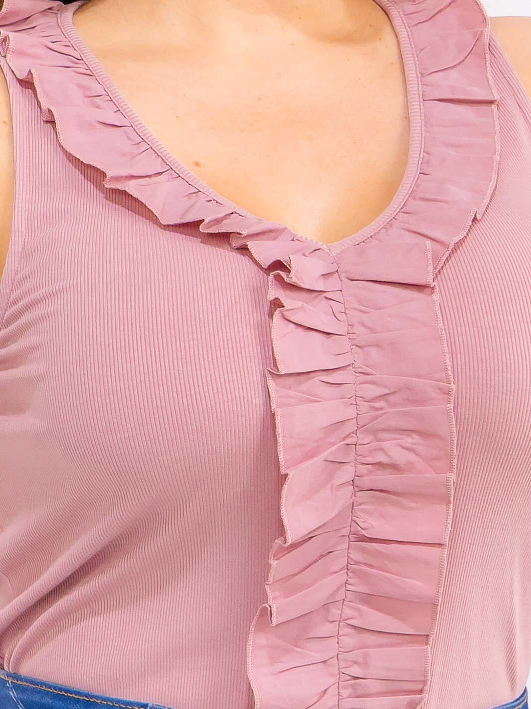 PLUS SIZE SLEEVELESS V-NECK RUFFLES RIBBED BODYSUIT