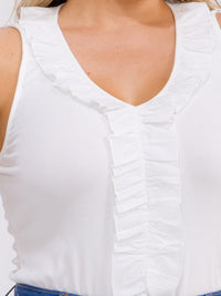 PLUS SIZE SLEEVELESS V-NECK RUFFLES RIBBED BODYSUIT