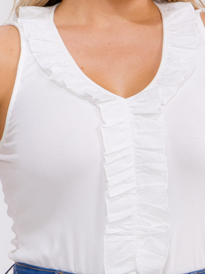 PLUS SIZE SLEEVELESS V-NECK RUFFLES RIBBED BODYSUIT
