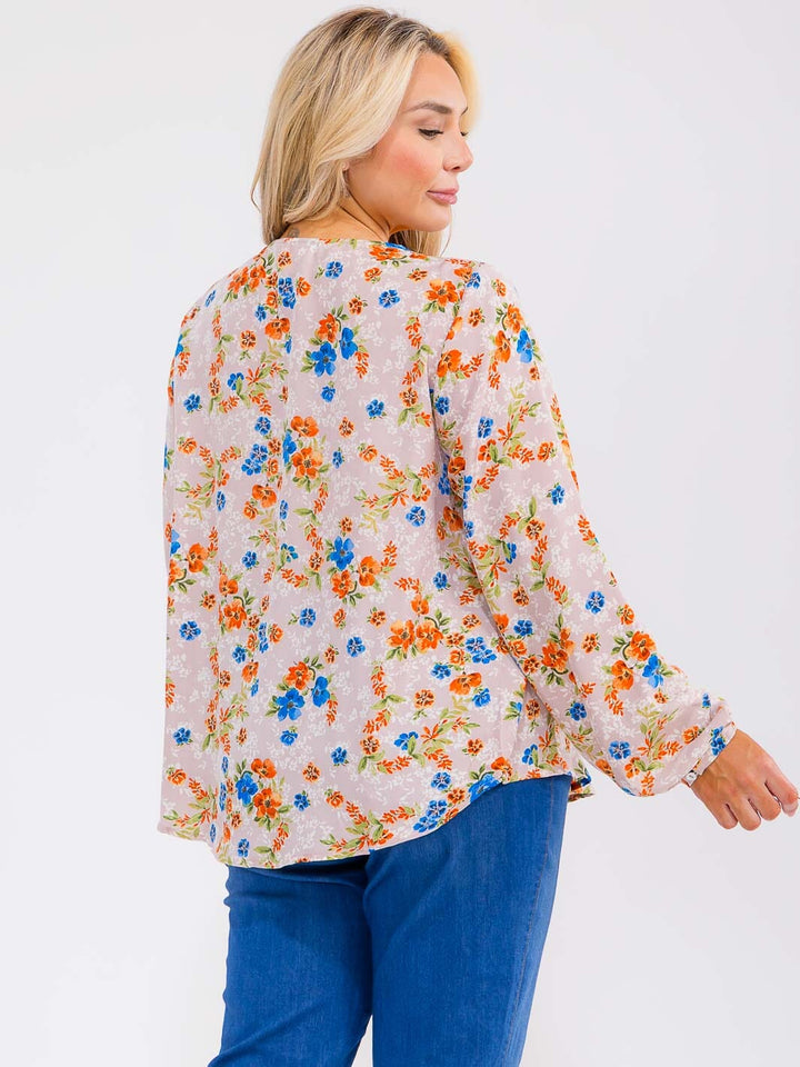 PLUS SIZE LONG SLEEVE V-NECK FLORAL BLOUSE