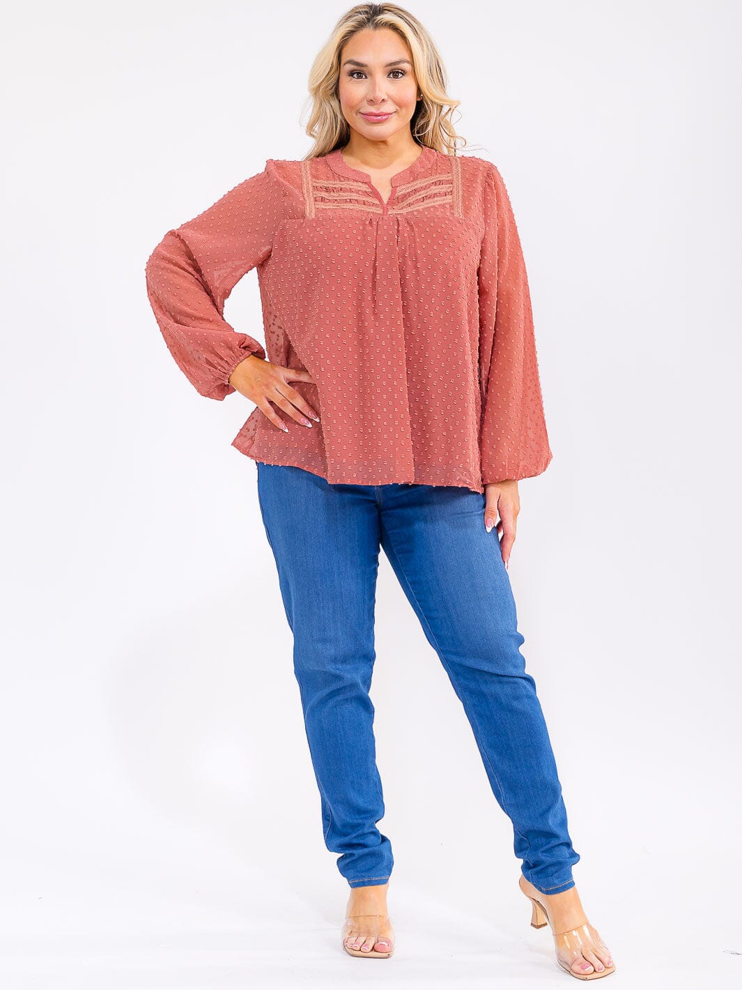 PLUS SIZE LONG SLEEVE V-NECK SWISS DOTS DETAILED BLOUSE