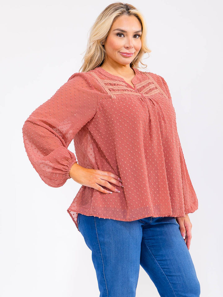 PLUS SIZE LONG SLEEVE V-NECK SWISS DOTS DETAILED BLOUSE