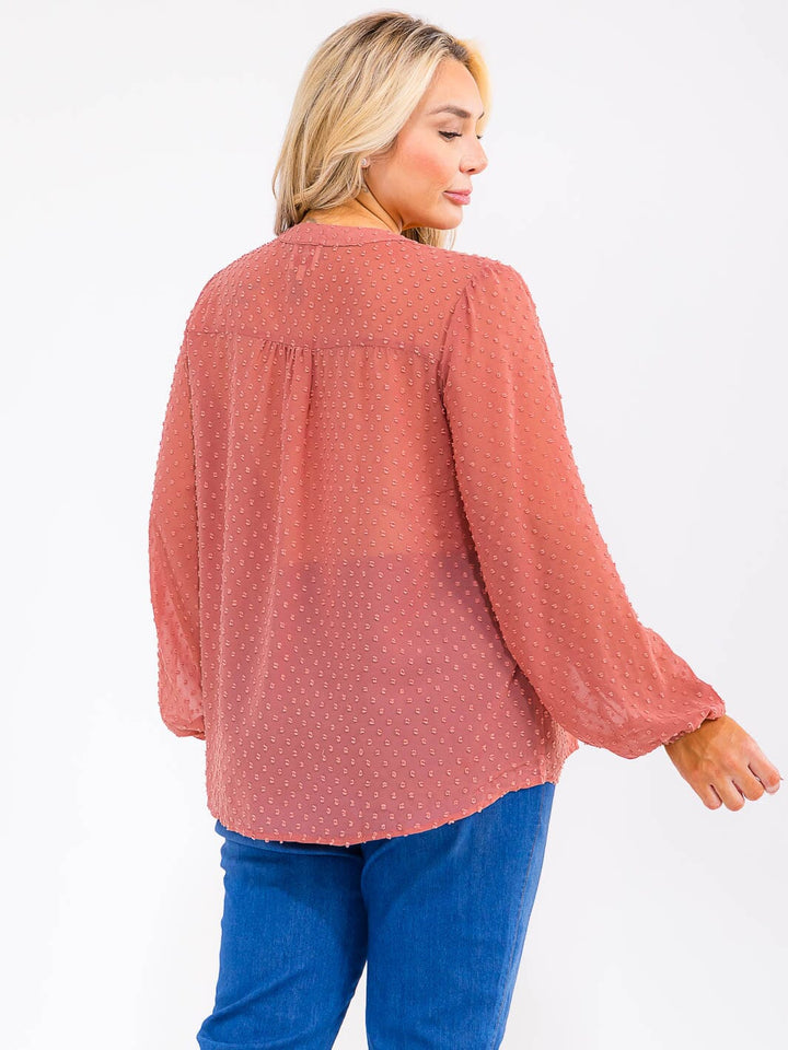 PLUS SIZE LONG SLEEVE V-NECK SWISS DOTS DETAILED BLOUSE