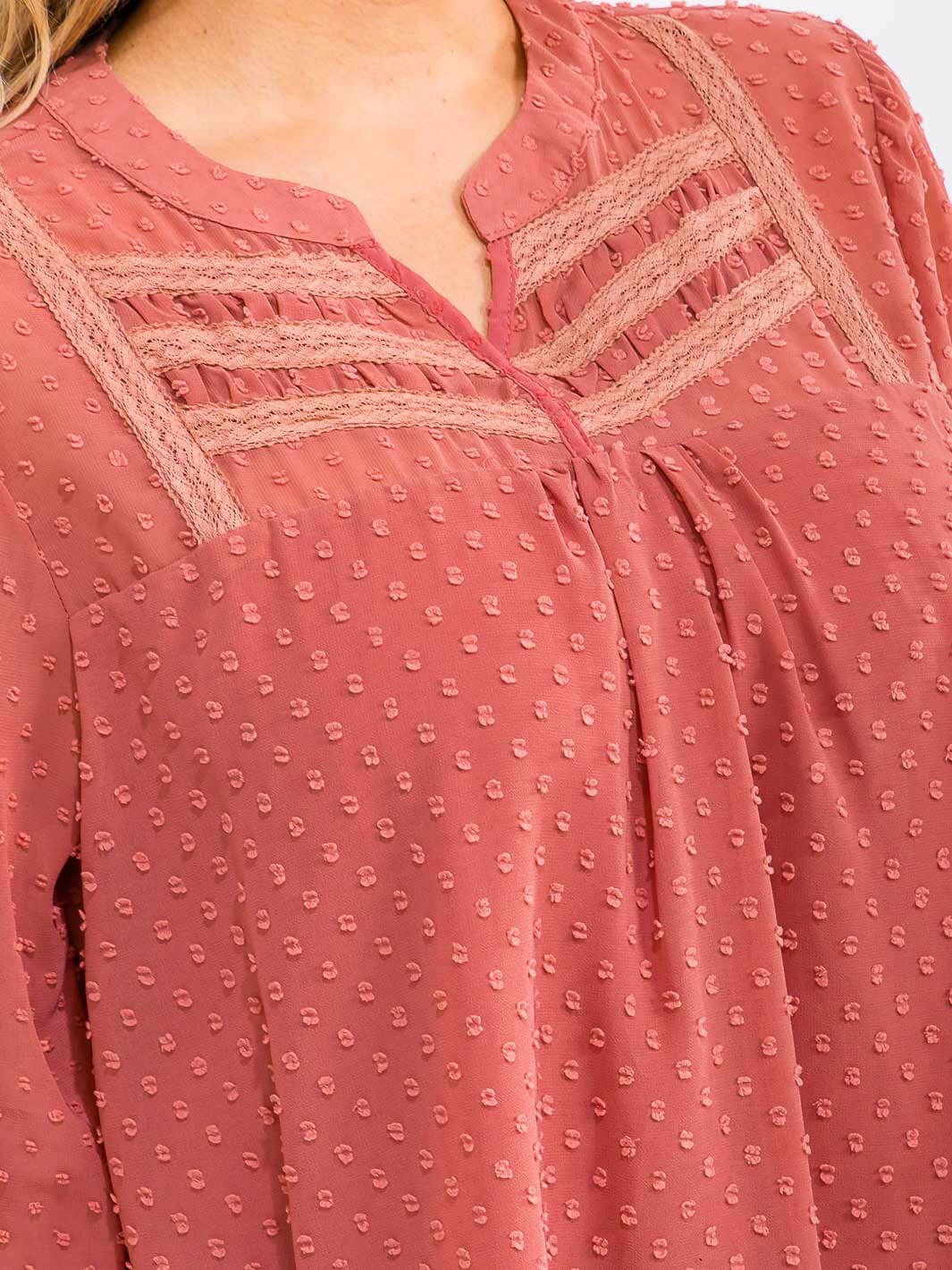 PLUS SIZE LONG SLEEVE V-NECK SWISS DOTS DETAILED BLOUSE