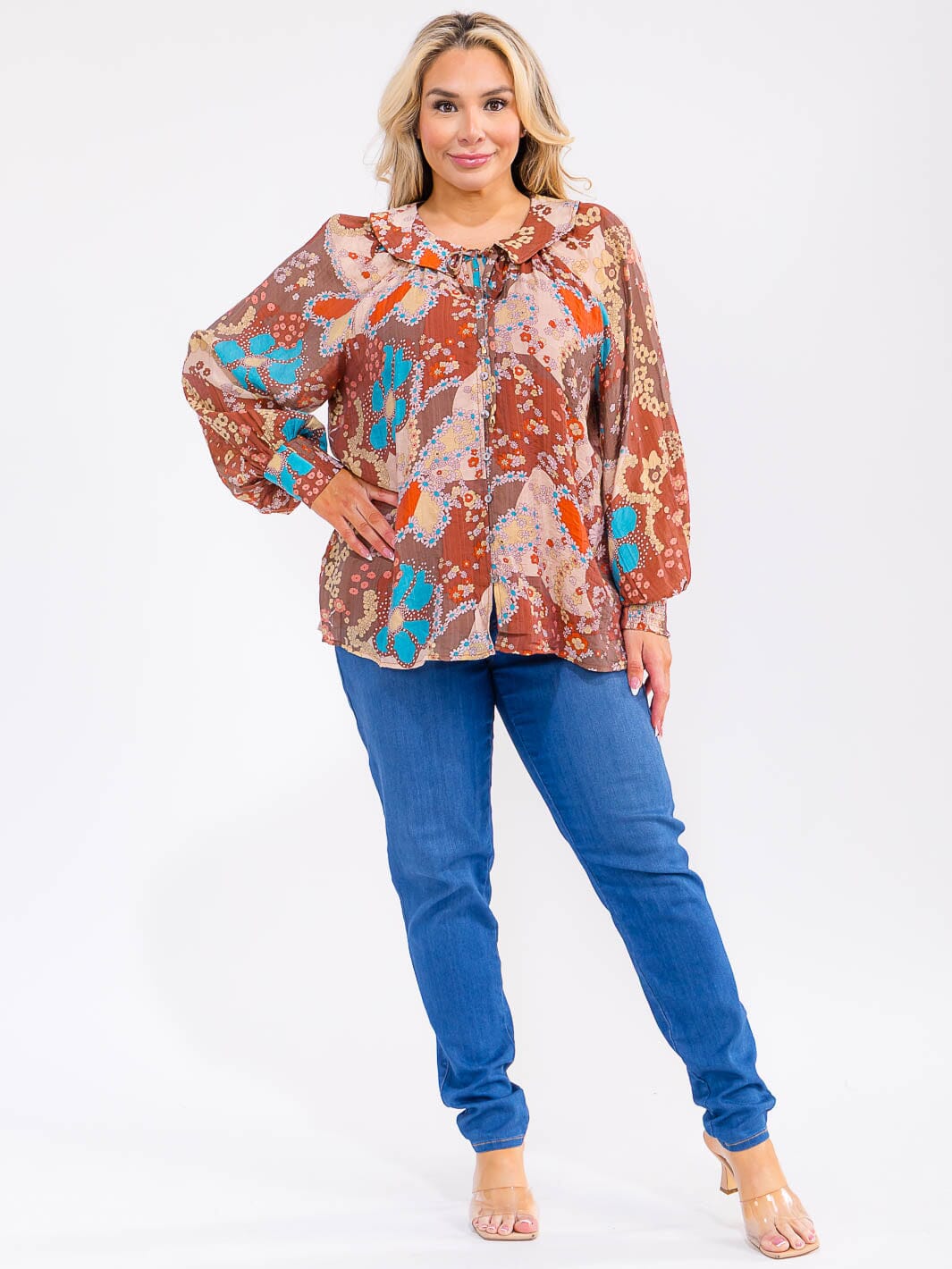 PLUS SIZE LONG SLEEVE BUTTON UP FLORAL PRINT TOP