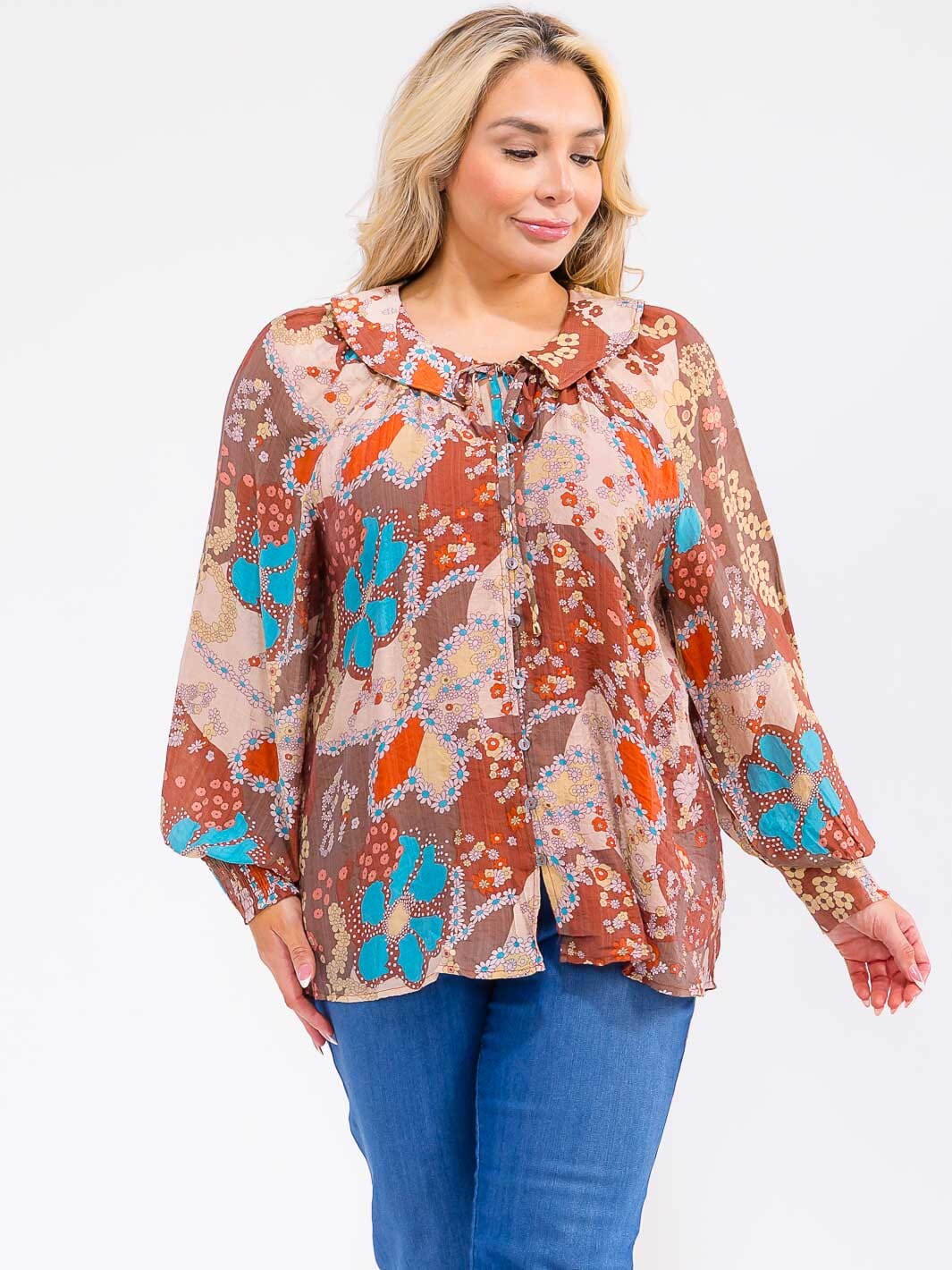 PLUS SIZE LONG SLEEVE BUTTON UP FLORAL PRINT TOP
