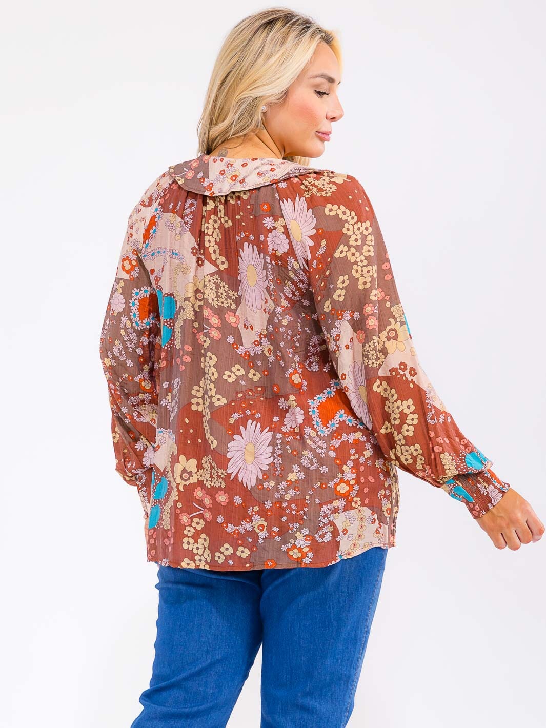 PLUS SIZE LONG SLEEVE BUTTON UP FLORAL PRINT TOP