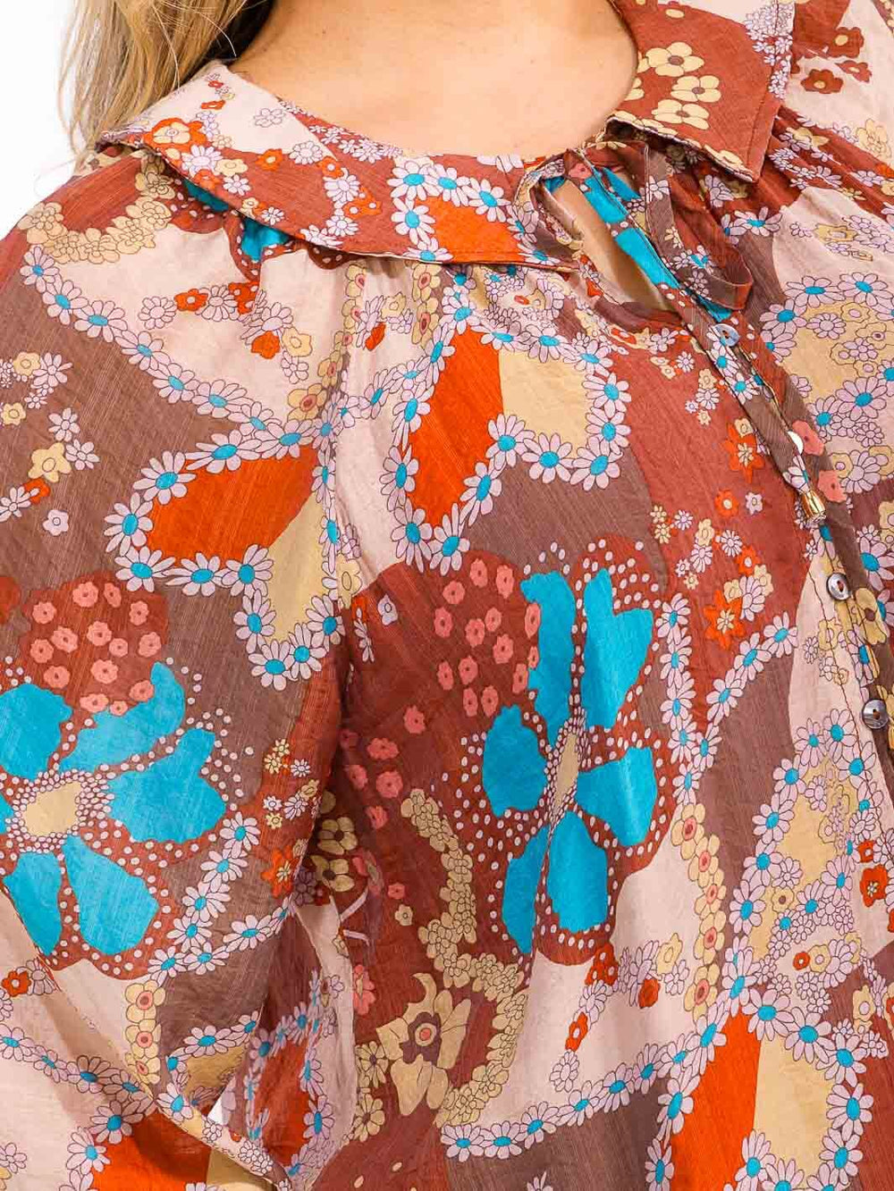 PLUS SIZE LONG SLEEVE BUTTON UP FLORAL PRINT TOP