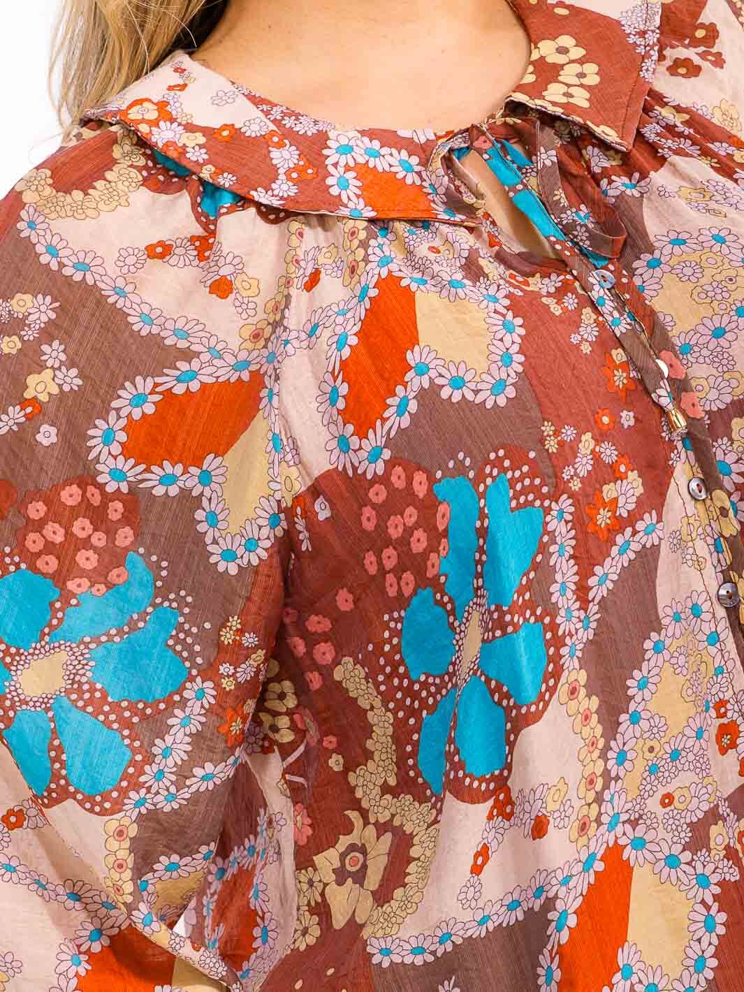 PLUS SIZE LONG SLEEVE BUTTON UP FLORAL PRINT TOP