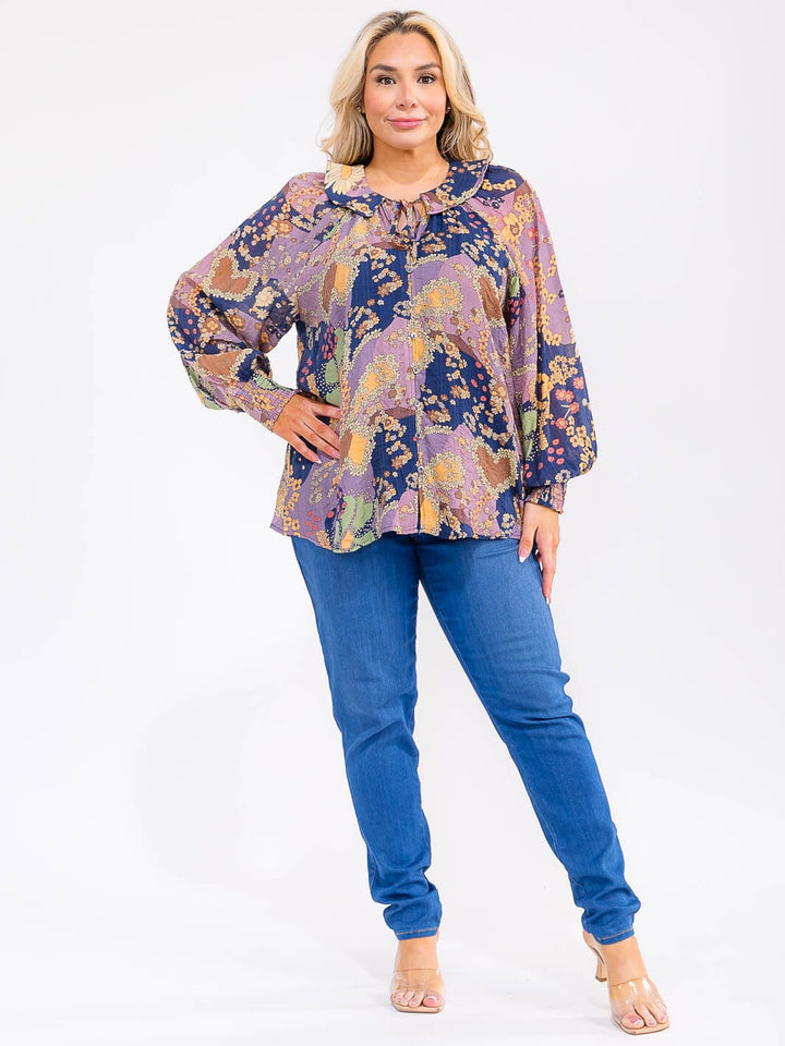 PLUS SIZE LONG SLEEVE BUTTON UP FLORAL PRINT TOP