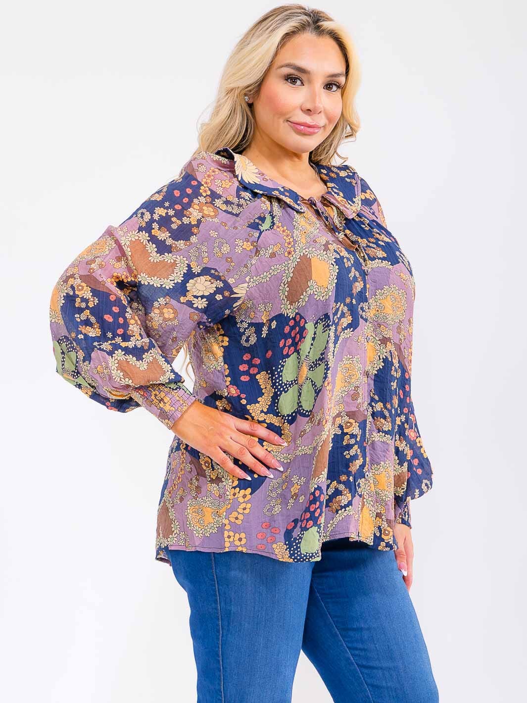 PLUS SIZE LONG SLEEVE BUTTON UP FLORAL PRINT TOP