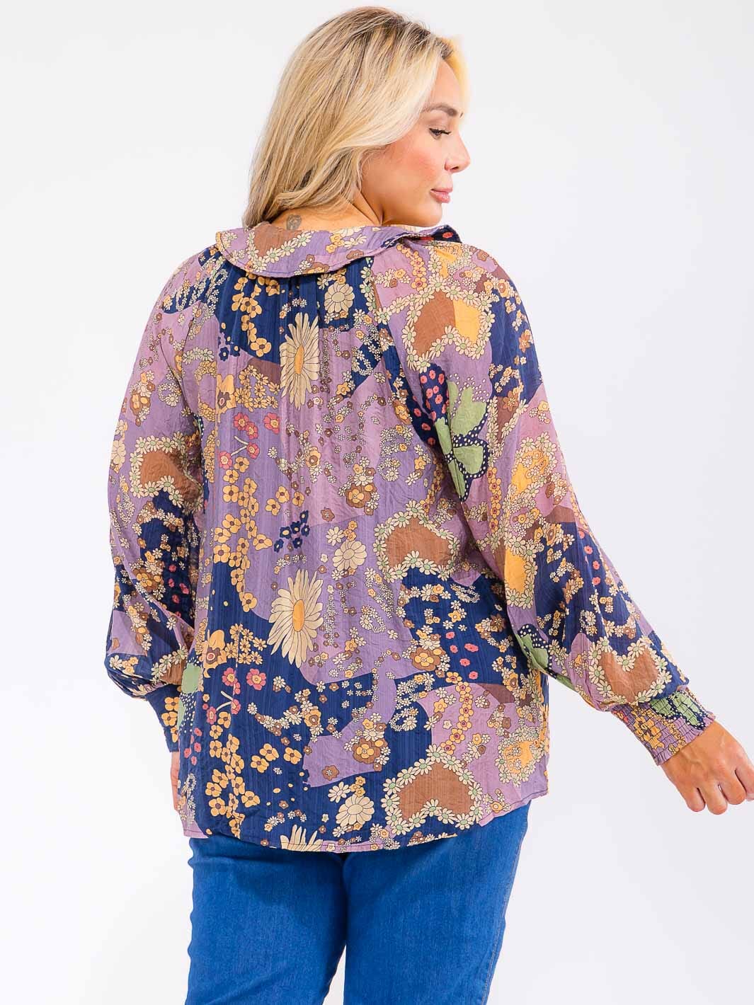PLUS SIZE LONG SLEEVE BUTTON UP FLORAL PRINT TOP