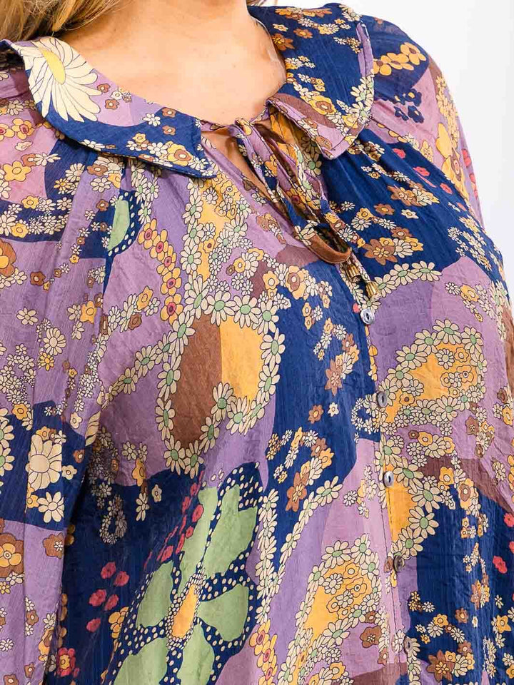 PLUS SIZE LONG SLEEVE BUTTON UP FLORAL PRINT TOP