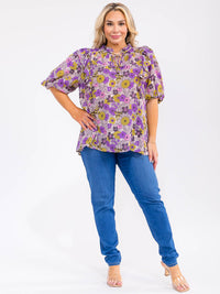 PLUS SIZE SHORT PUFF SLEEVE BUTTON UP FLORAL PRINT TOP