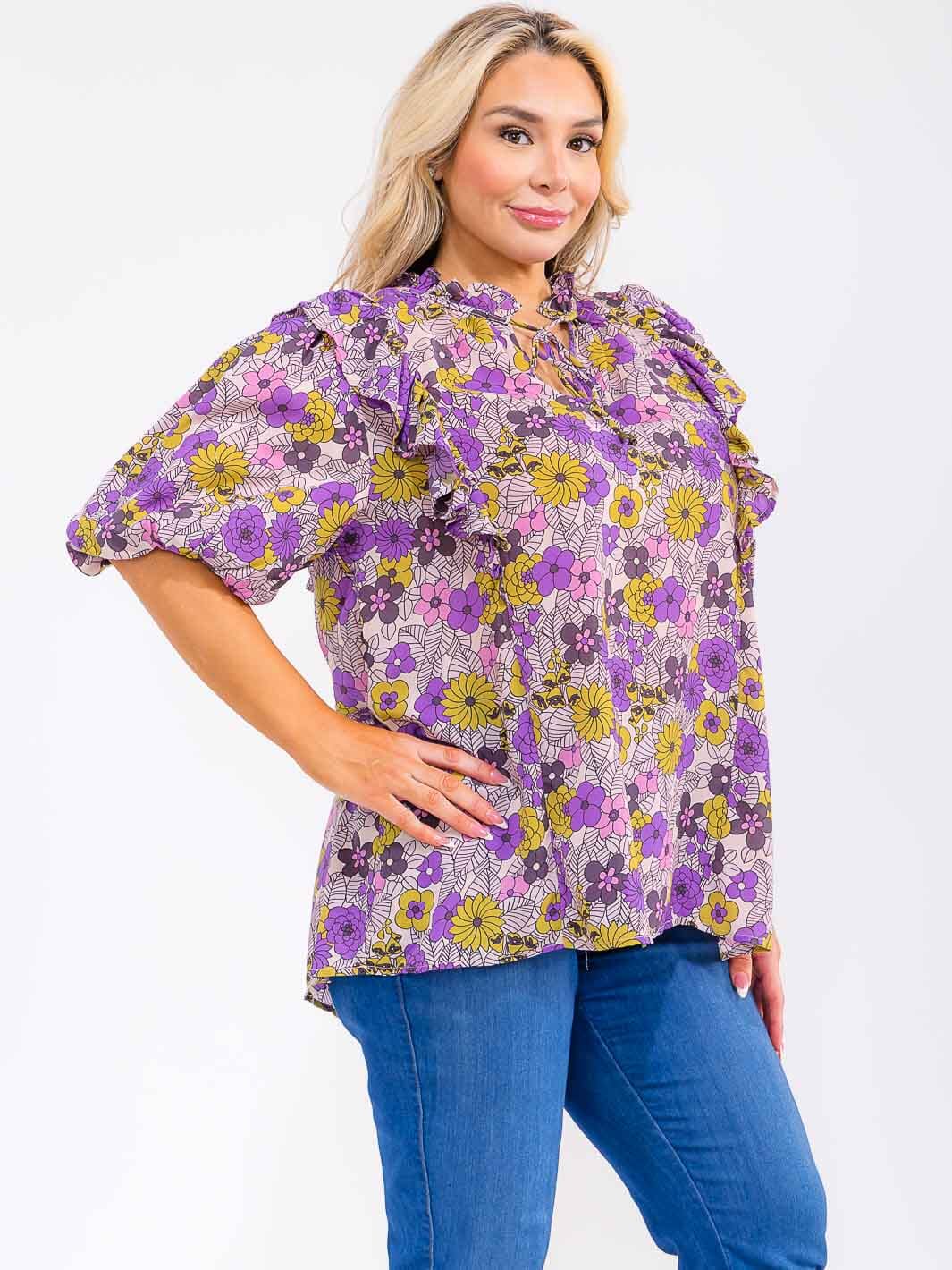 PLUS SIZE SHORT PUFF SLEEVE BUTTON UP FLORAL PRINT TOP