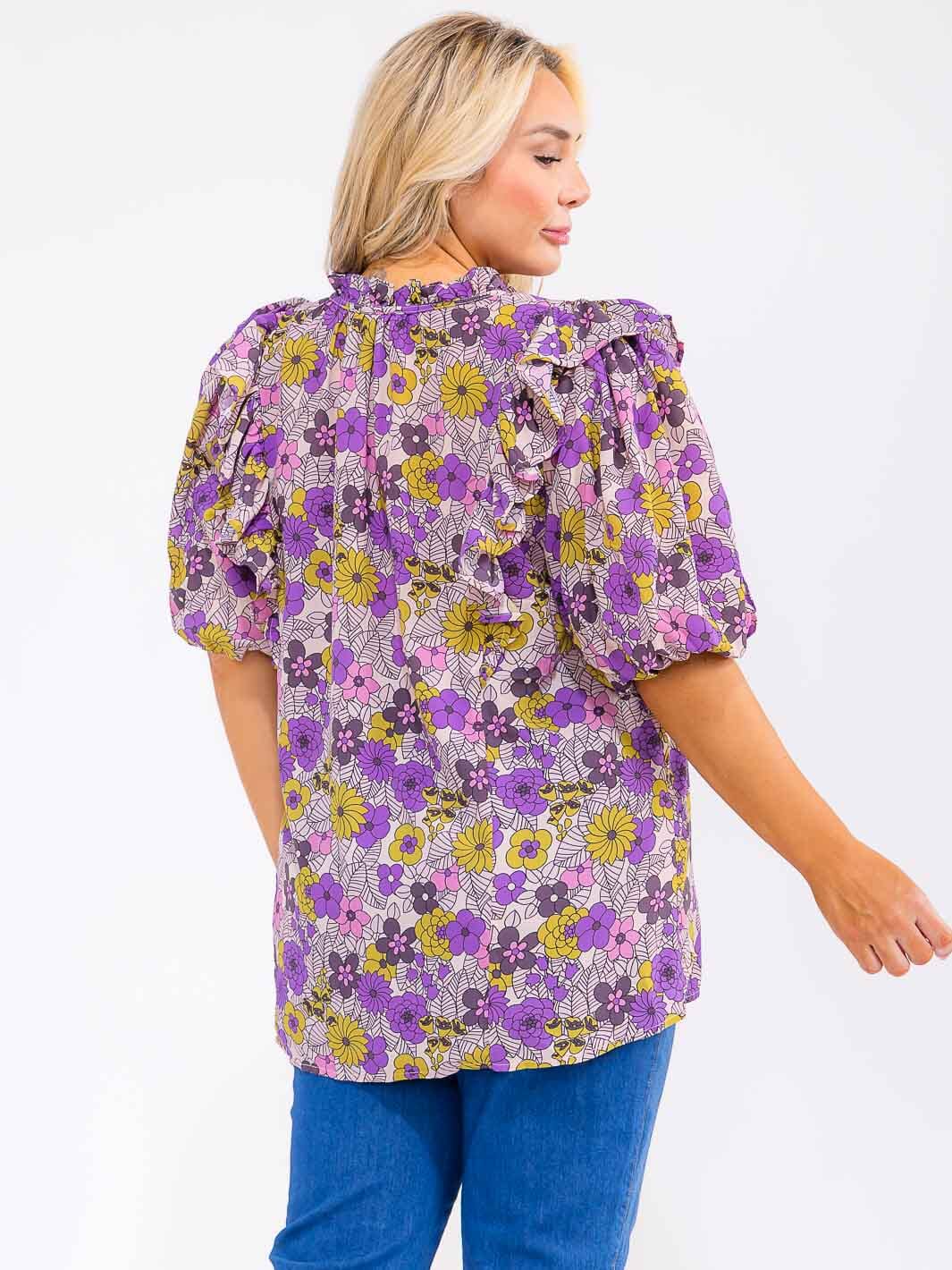 PLUS SIZE SHORT PUFF SLEEVE BUTTON UP FLORAL PRINT TOP