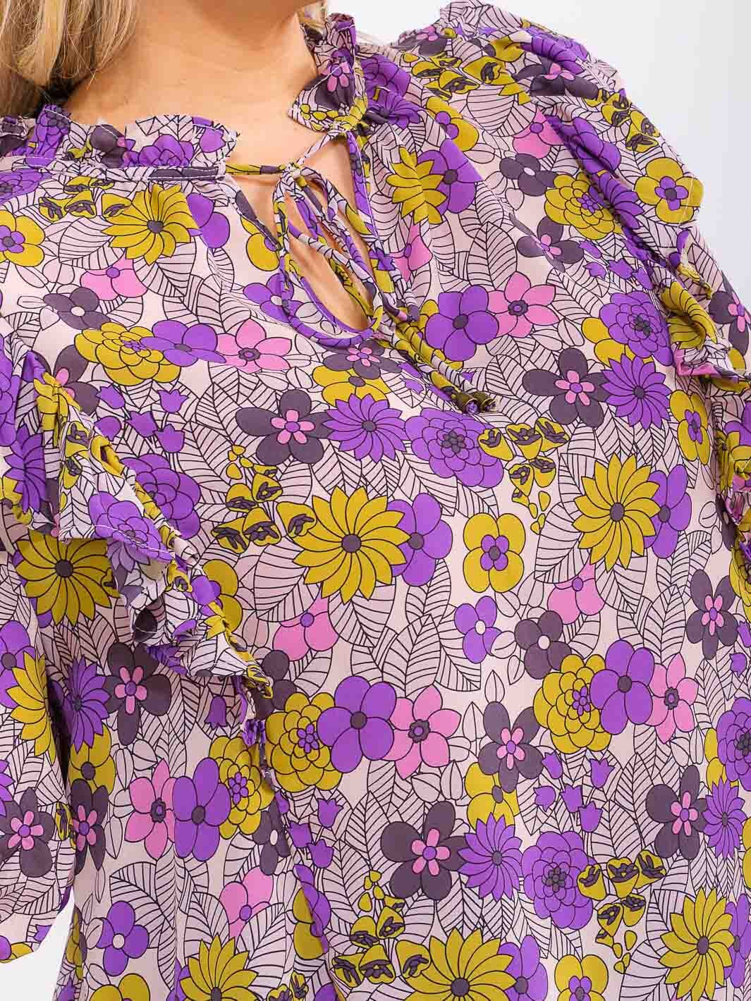 PLUS SIZE SHORT PUFF SLEEVE BUTTON UP FLORAL PRINT TOP