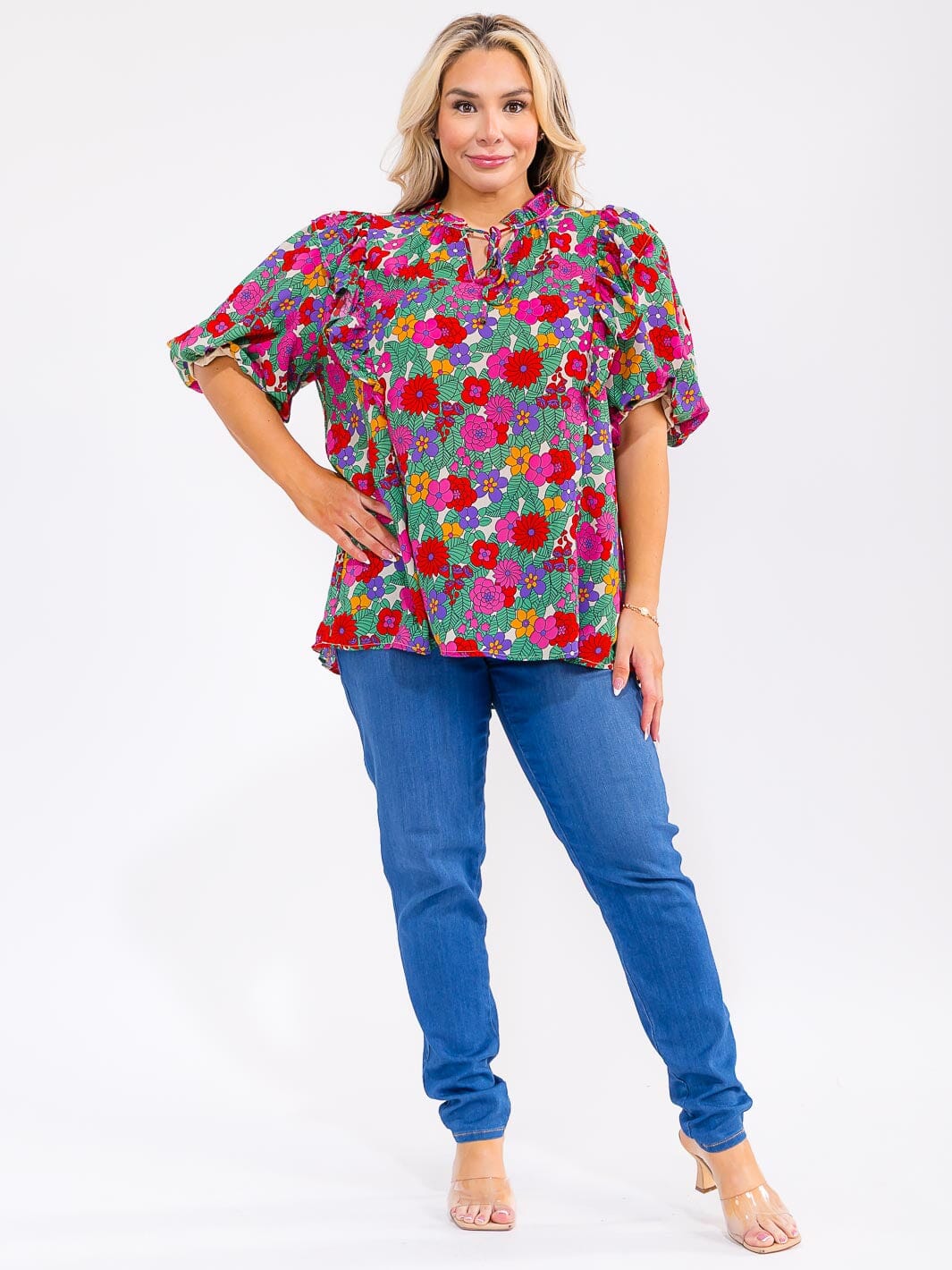 PLUS SIZE SHORT PUFF SLEEVE BUTTON UP FLORAL PRINT TOP