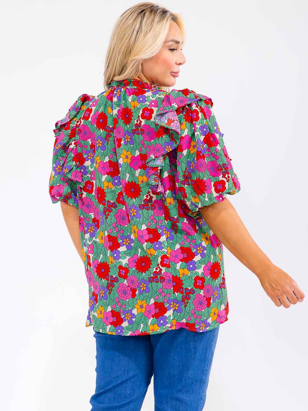 PLUS SIZE SHORT PUFF SLEEVE BUTTON UP FLORAL PRINT TOP
