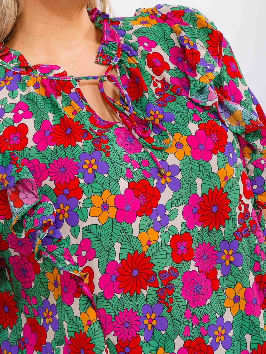 PLUS SIZE SHORT PUFF SLEEVE BUTTON UP FLORAL PRINT TOP