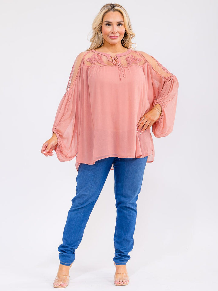 PLUS SIZE LONG SLEEVE LACE DETAILED TUNIC BLOUSE