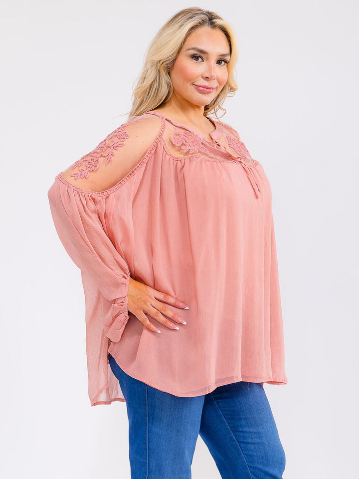 PLUS SIZE LONG SLEEVE LACE DETAILED TUNIC BLOUSE