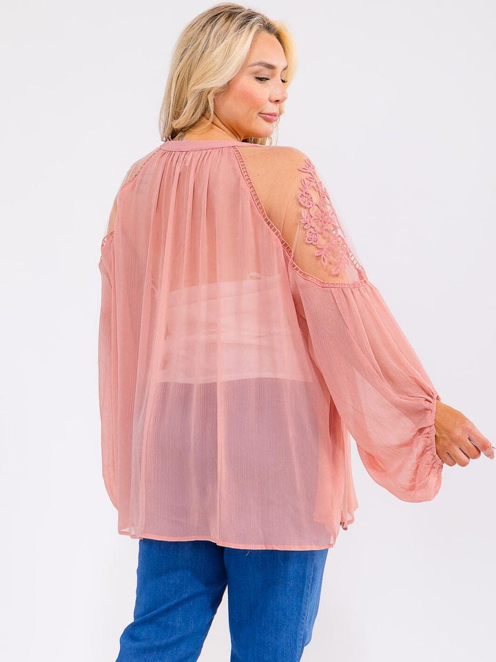 PLUS SIZE LONG SLEEVE LACE DETAILED TUNIC BLOUSE