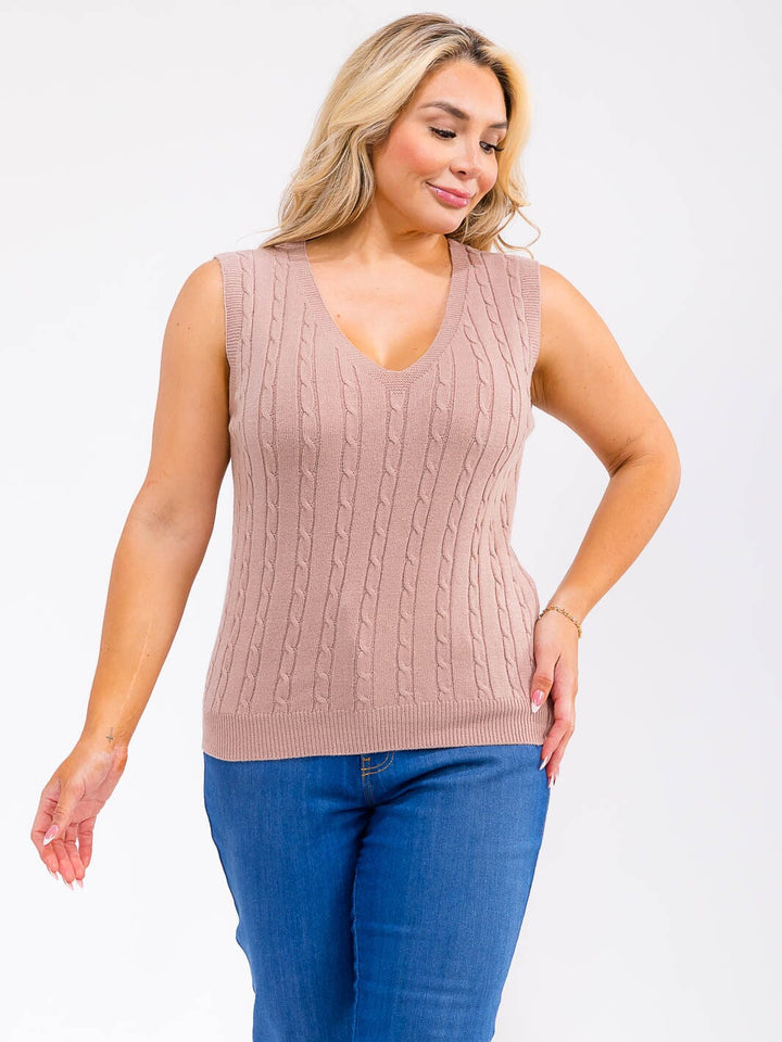 PLUS SIZE SLEEVELESS V-NECK CABLE KNIT TOP