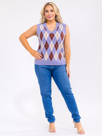 PLUS SIZE SLEEVELESS V-NECK MULTI PRINT TOP