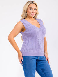 PLUS SIZE SLEEVELESS V-NECK CABLE KNIT TOP