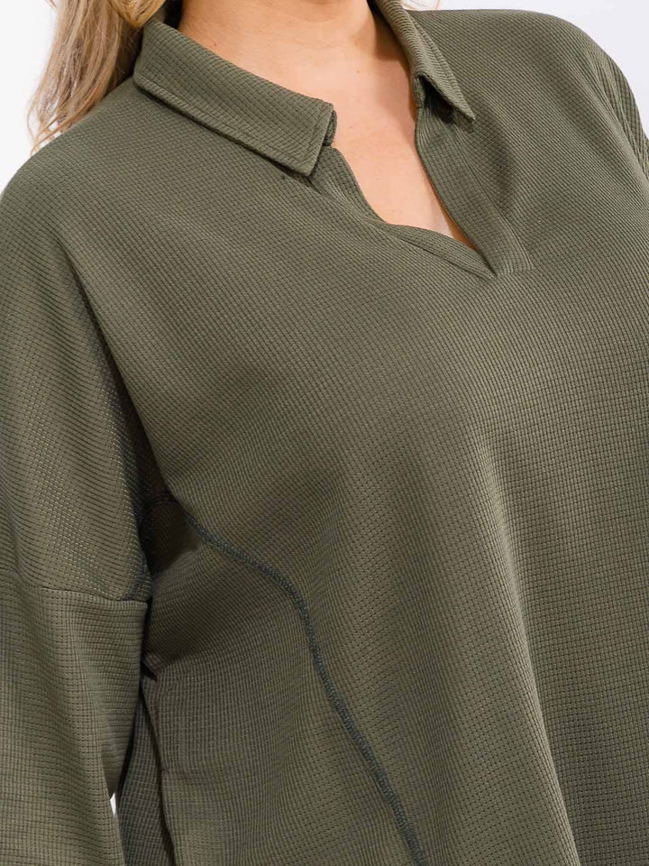PLUS SIZE LONG SLEEVE V-NECK COLLAR TOP