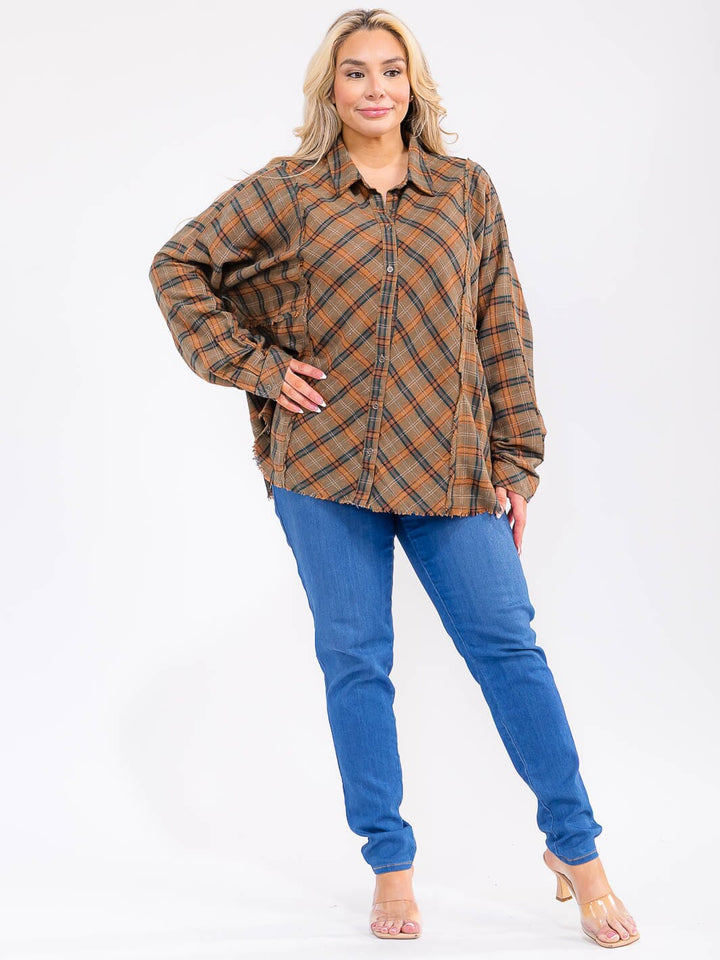 PLUS SIZE LONG SLEEVE V-NECK BUTTON UP TUNIC PLAID TOP