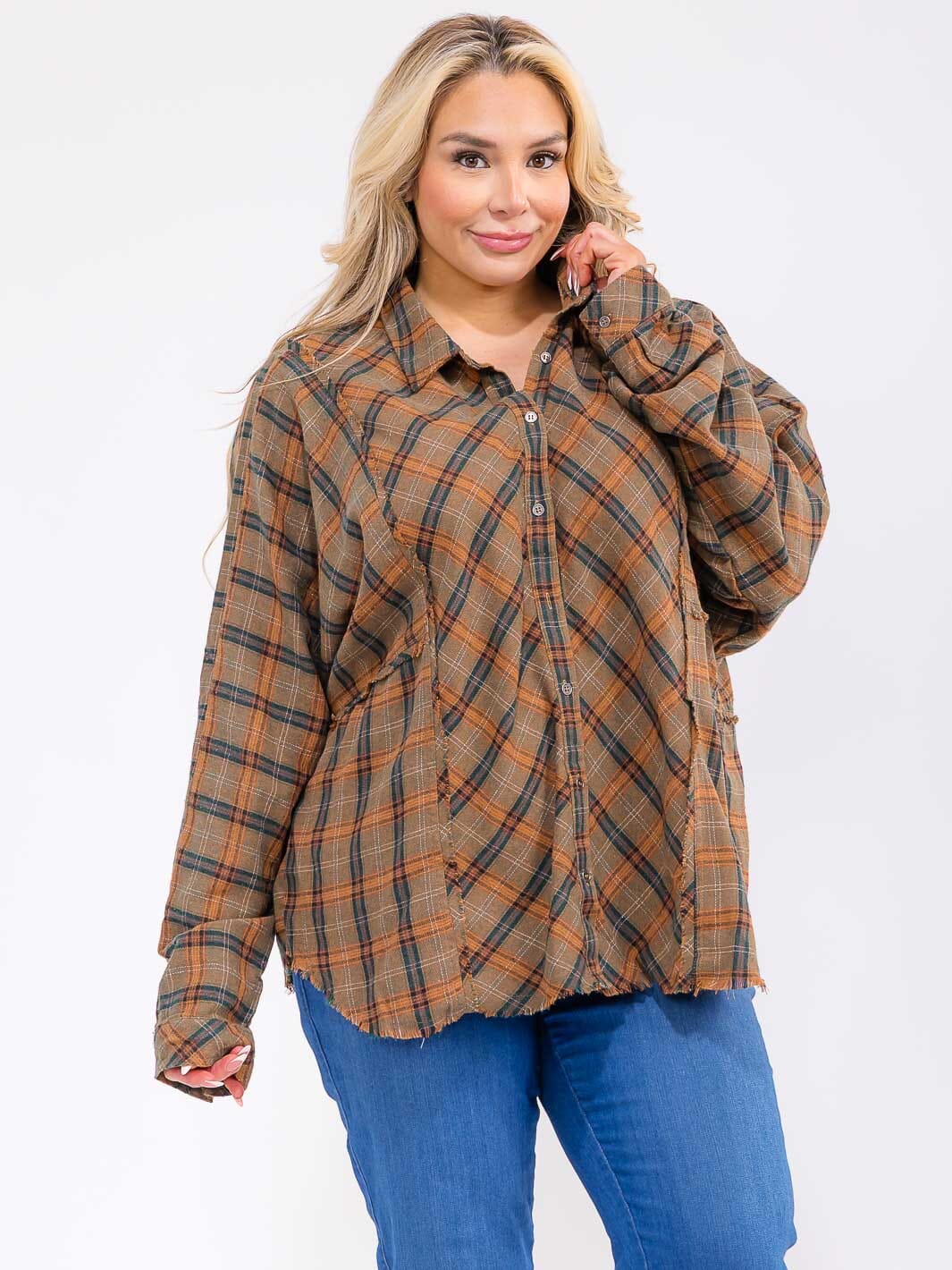 PLUS SIZE LONG SLEEVE V-NECK BUTTON UP TUNIC PLAID TOP