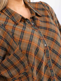PLUS SIZE LONG SLEEVE V-NECK BUTTON UP TUNIC PLAID TOP