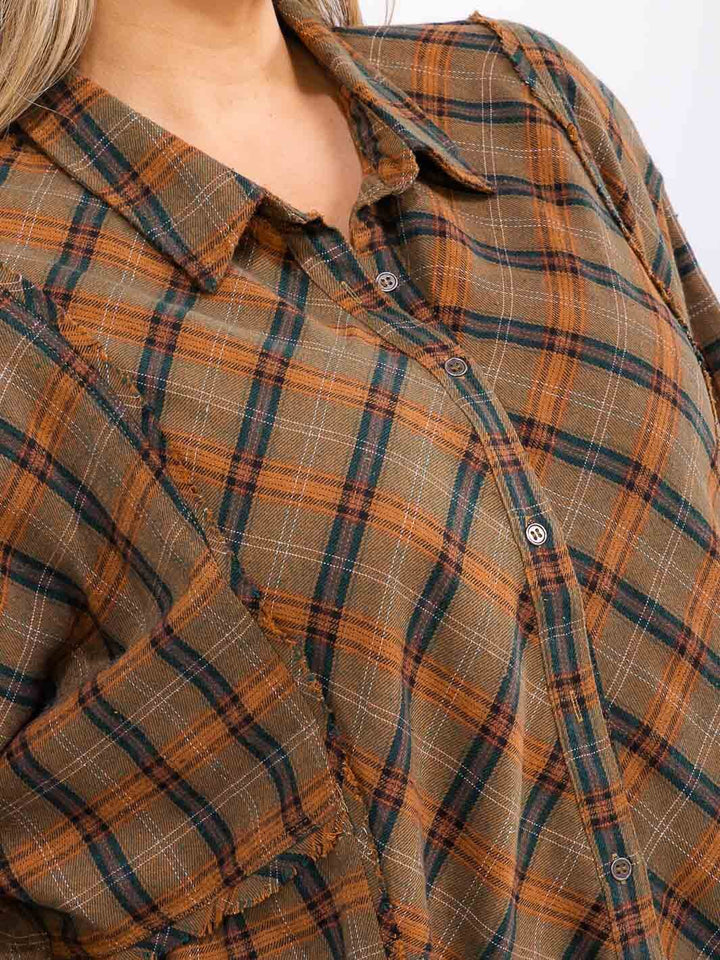 PLUS SIZE LONG SLEEVE V-NECK BUTTON UP TUNIC PLAID TOP