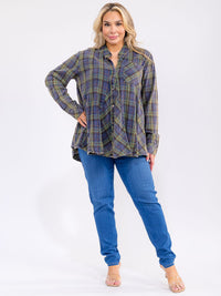 PLUS SIZE LONG SLEEVE V-NECK BUTTON UP TUNIC PLAID TOP
