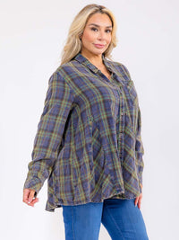 PLUS SIZE LONG SLEEVE V-NECK BUTTON UP TUNIC PLAID TOP