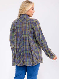 PLUS SIZE LONG SLEEVE V-NECK BUTTON UP TUNIC PLAID TOP