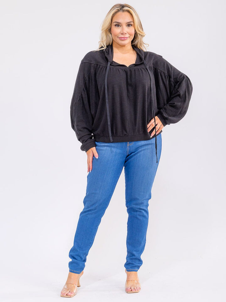 PLUS SIZE LONG SLEEVE V-NECK HOODED TOP