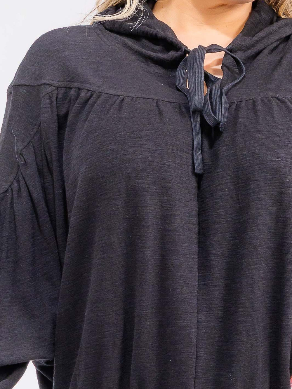 PLUS SIZE LONG SLEEVE V-NECK HOODED TOP