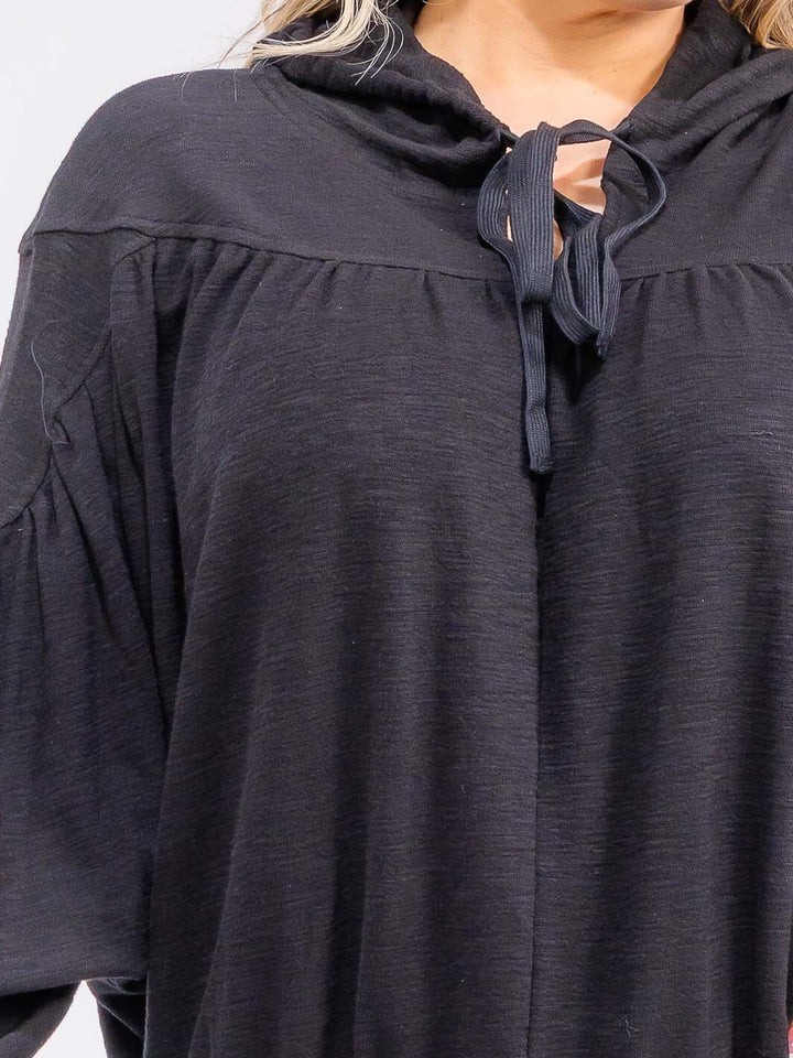 PLUS SIZE LONG SLEEVE V-NECK HOODED TOP