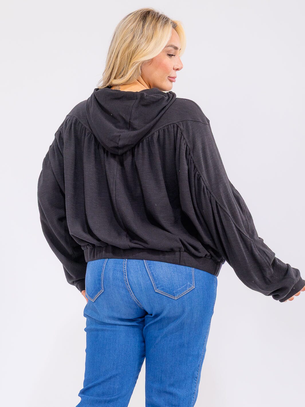 PLUS SIZE LONG SLEEVE V-NECK HOODED TOP