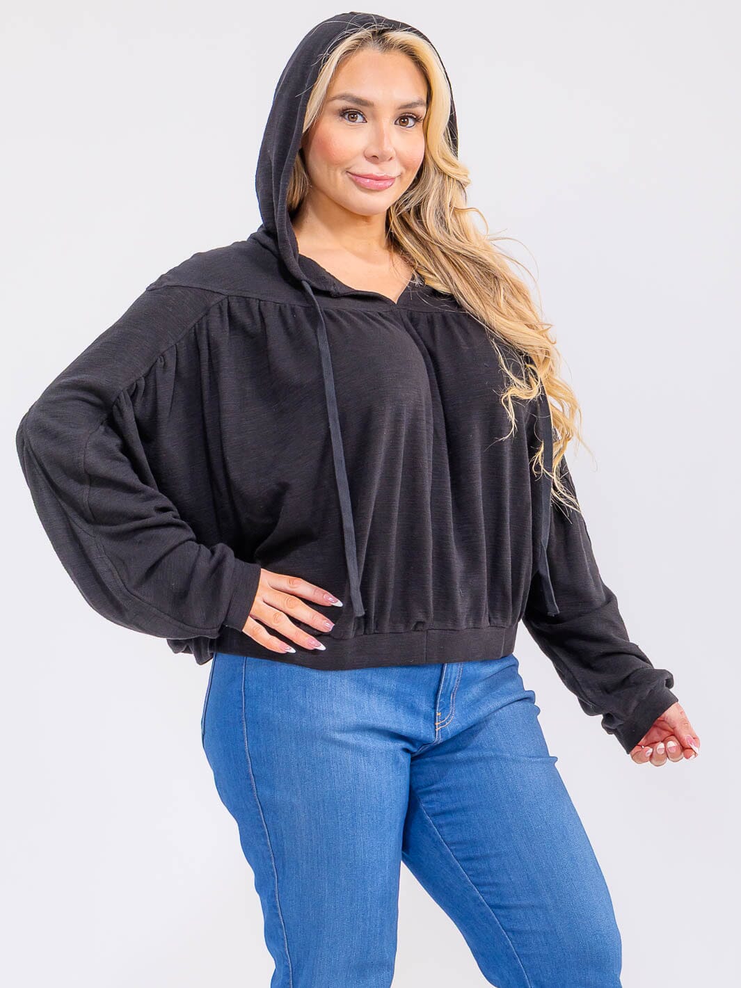 PLUS SIZE LONG SLEEVE V-NECK HOODED TOP
