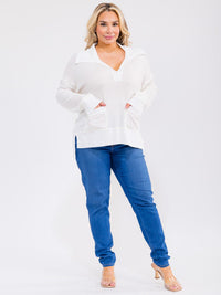 PLUS SIZE LONG SLEEVE V-NECK FRONT POCKETS HIGH-LOW TOP