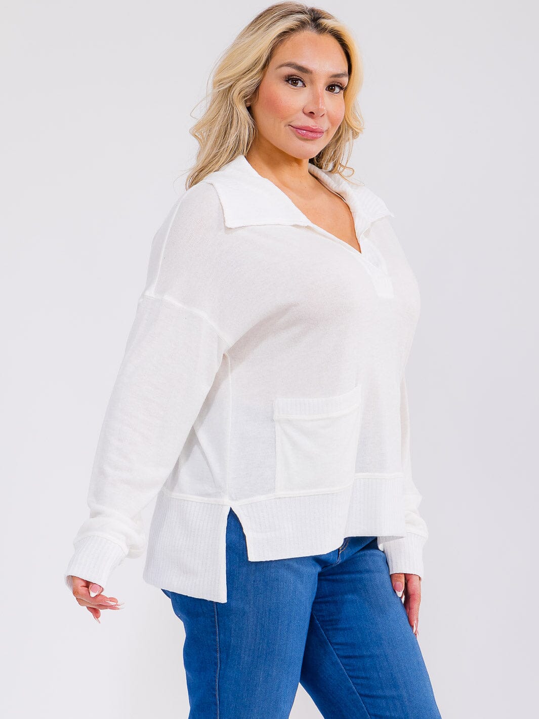PLUS SIZE LONG SLEEVE V-NECK FRONT POCKETS HIGH-LOW TOP