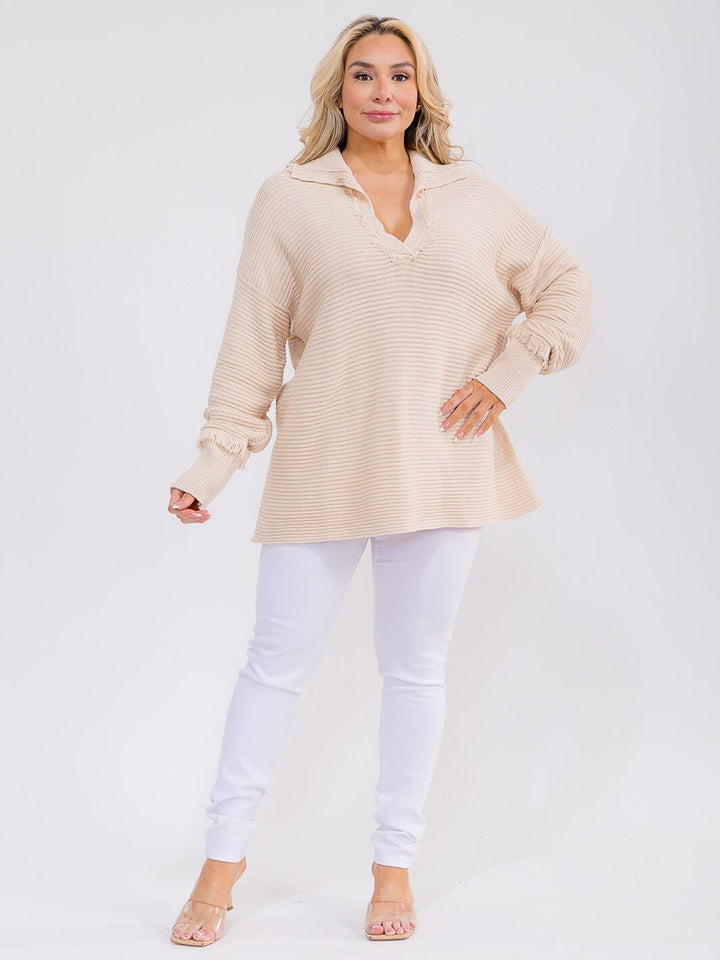 PLUS SIZE LONG SLEEVE V-NECK COLLAR TRIM DETAILED RIBBED PULLOVER SWEATER