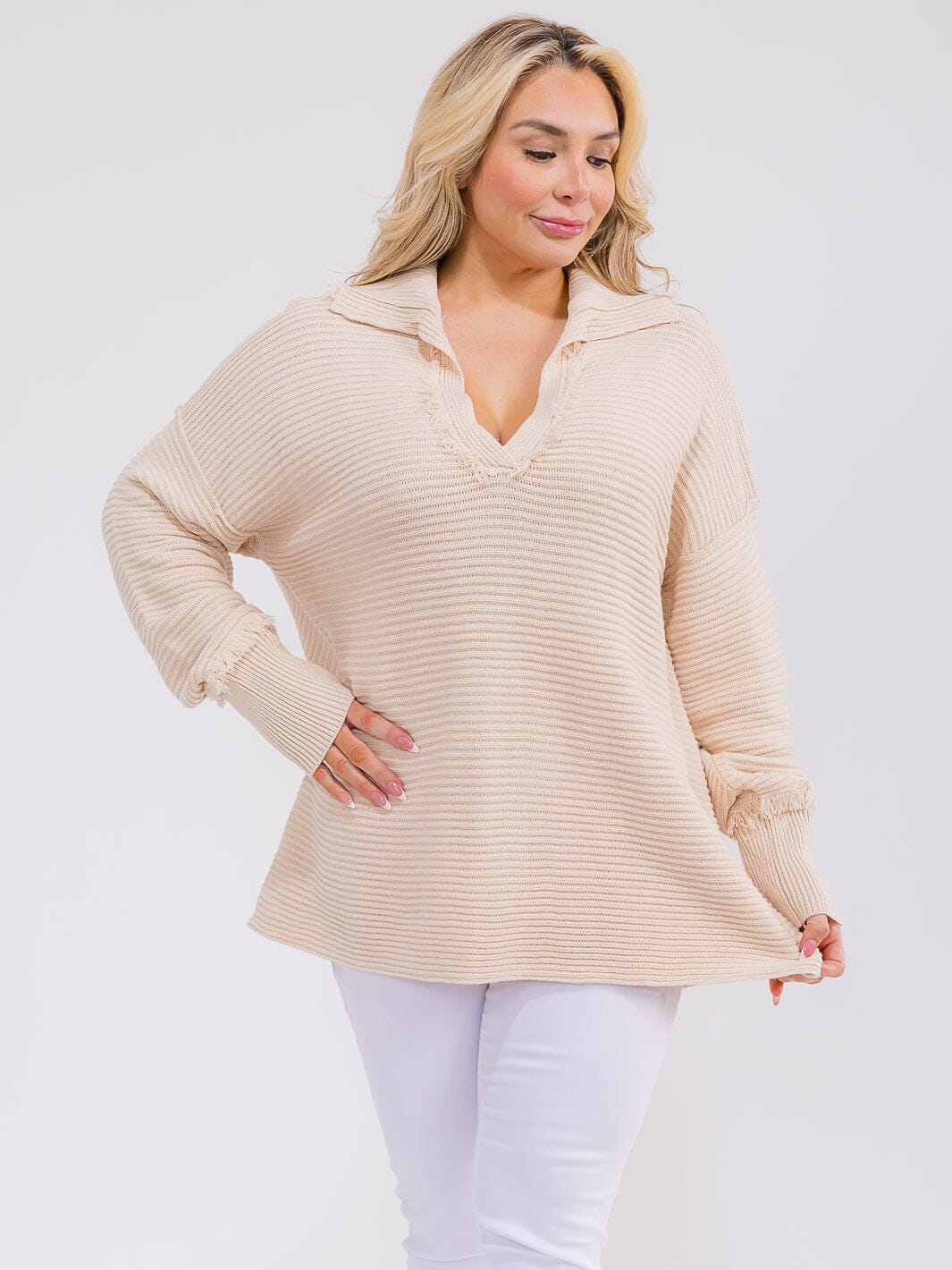 PLUS SIZE LONG SLEEVE V-NECK COLLAR TRIM DETAILED RIBBED PULLOVER SWEATER